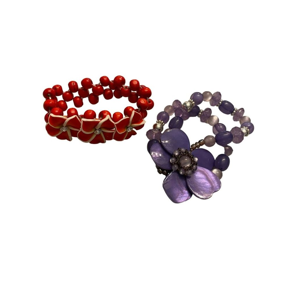 Vintage Flower Stretch Bracelets Purple Beaded Red Wood Beaded